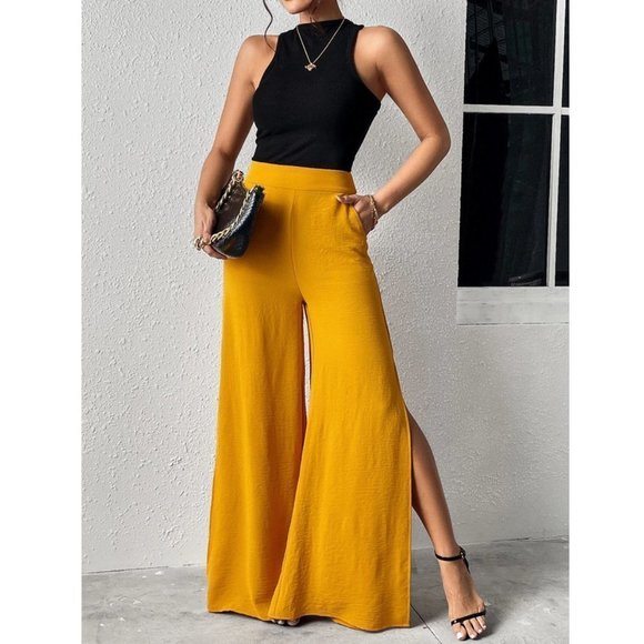 Yellow Boho Womens Split Thigh Wide Leg Pants - Picture 5 of 7